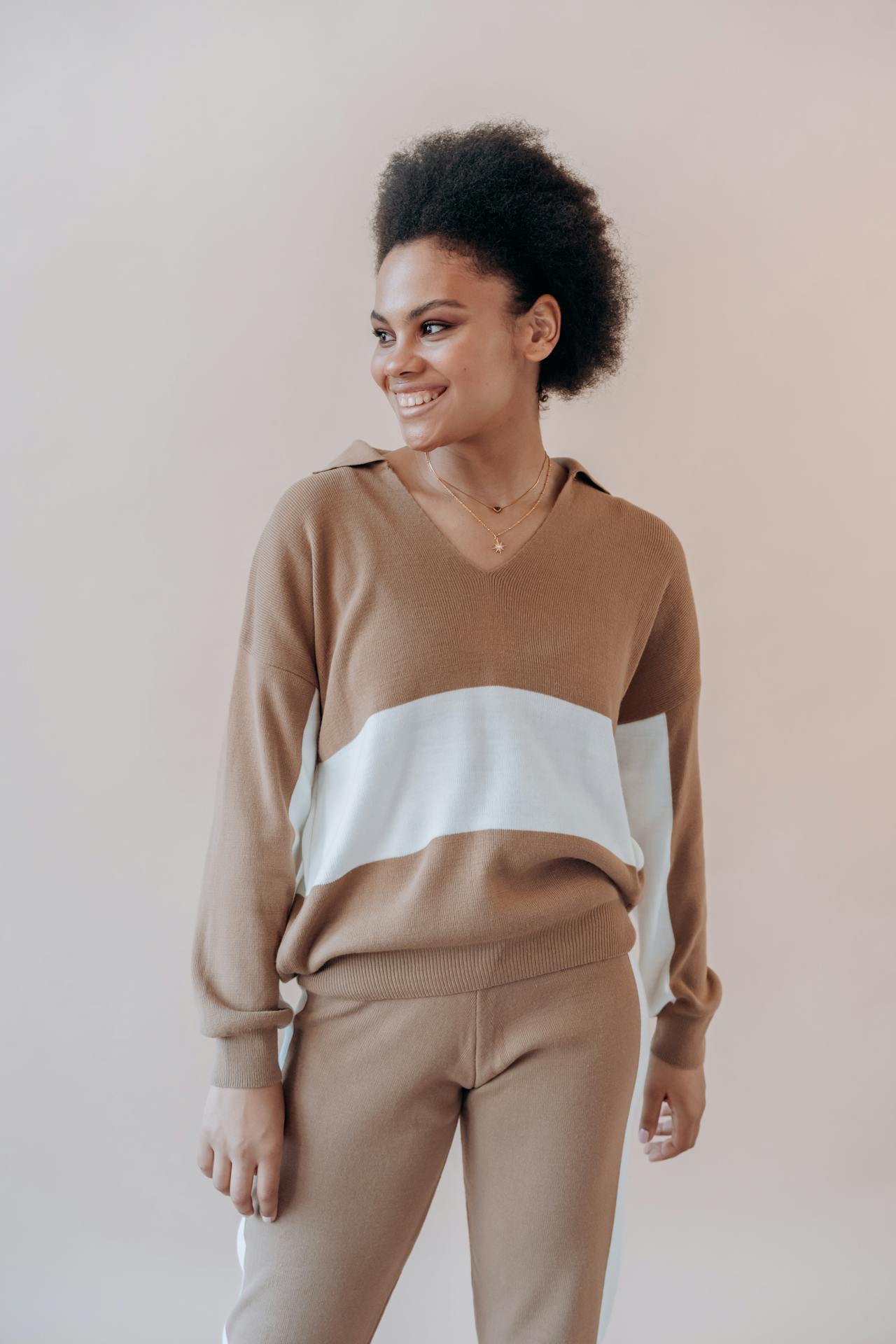 Pull col chemise à rayures marrons et blanches pour femme en laine de mérinos - Etikashion